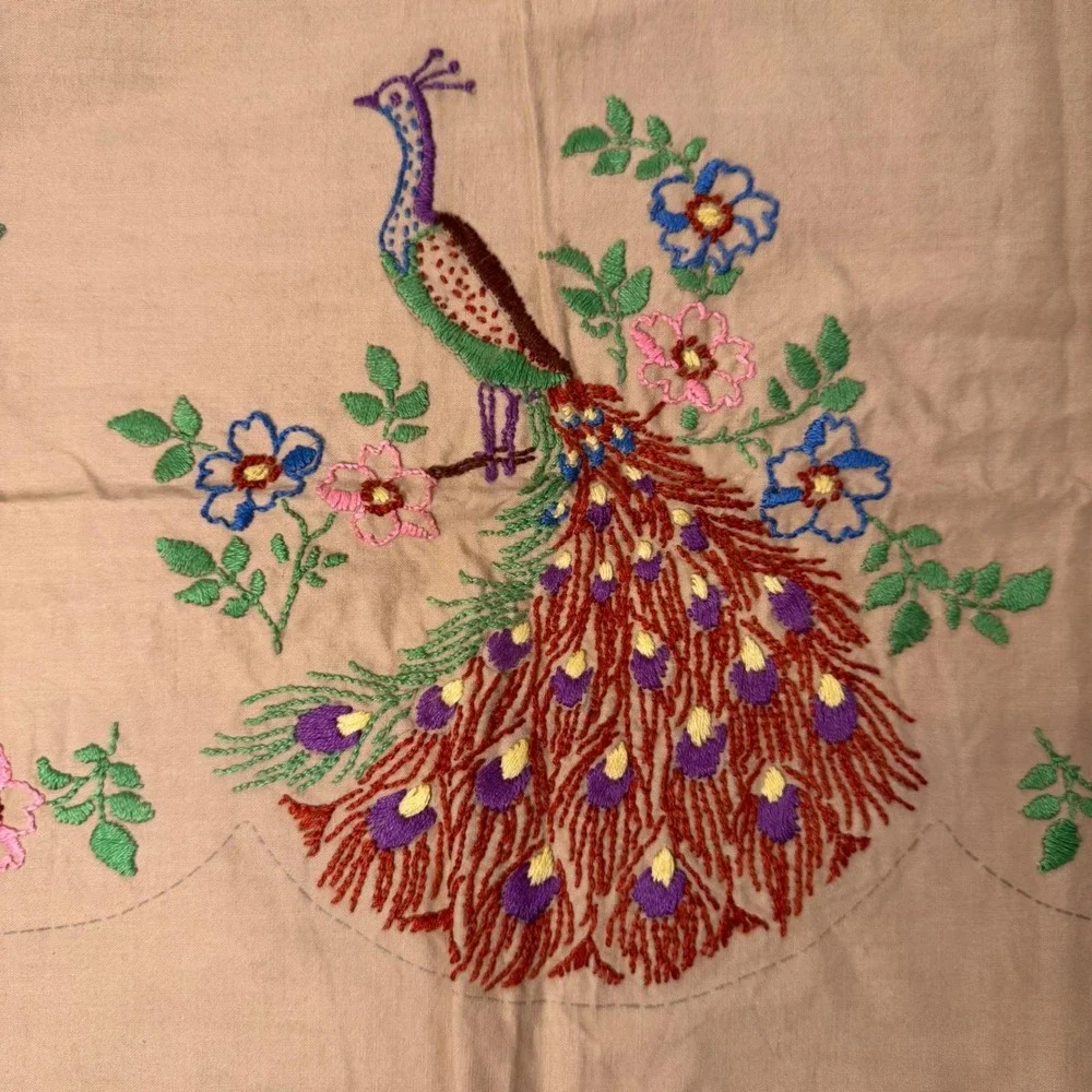 Vintage Peacock Embroidered Pillow‎ Cover Cottagecore Artsy Retro Decor 17x17